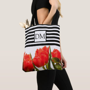 Monogramm-Rote Tulpen mit schwarzen Streifen-Trage Tasche