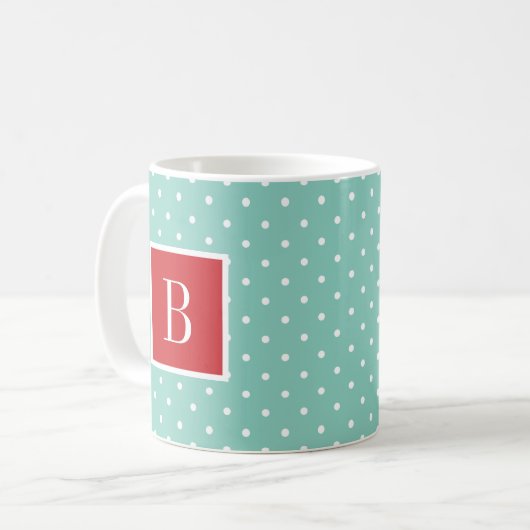 Monogramm rote und Aqua-Polka-Dots Kaffeetasse (Vorderseite Links)