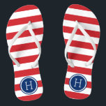Monogramm rote und blaue Preppy-Streifen Badesandalen<br><div class="desc">Maßgeschneiderte,  bedruckte Flop-Sandalen mit einem preppy-nautical-Stripe-Muster und einem eigenen Monogramm oder einem anderen Text in einem Circle-Rahmen. Klicken Sie auf Anpassen,  um Schriftart und Farben zu ändern oder eigene Bilder hinzuzufügen,  um ein einzigartiges Design zu erstellen!</div>