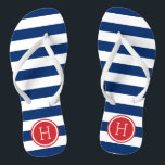 Monogramm rote und blaue Preppy-Streifen Badesandalen<br><div class="desc">Maßgeschneiderte,  bedruckte Flop-Sandalen mit einem preppy-nautical-Stripe-Muster und einem eigenen Monogramm oder einem anderen Text in einem Circle-Rahmen. Klicken Sie auf Anpassen,  um Schriftart und Farben zu ändern oder eigene Bilder hinzuzufügen,  um ein einzigartiges Design zu erstellen!</div>