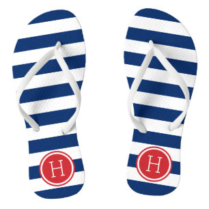 Monogramm rote und blaue Preppy-Streifen Badesandalen