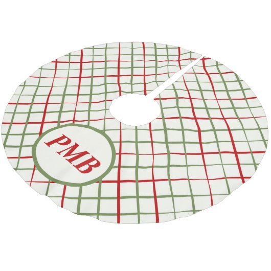Monogramm rote und grüne Linien Polyester Weihnachtsbaumdecke (Schrägansicht)
