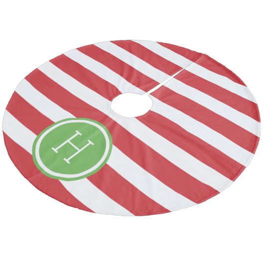 Monogramm rote und grüne Preppy-Streifen Fleece Weihnachtsbaumdecke (Schrägansicht)