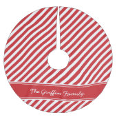 Monogramm rote und weiße Preppy-Streifen Polyester Weihnachtsbaumdecke (Vorderseite)