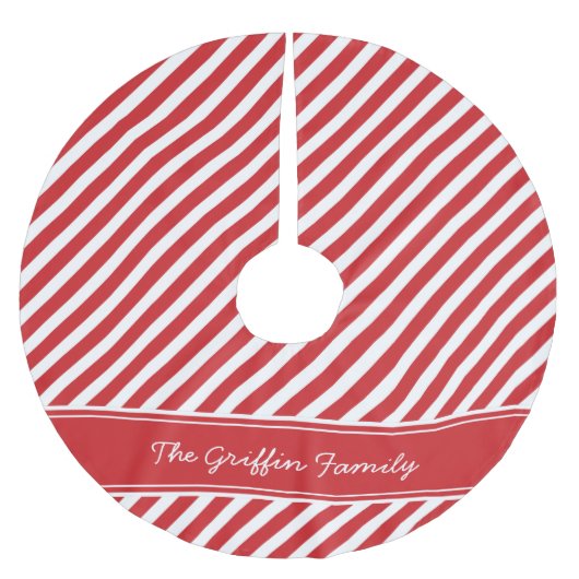 Monogramm rote und weiße Preppy-Streifen Polyester Weihnachtsbaumdecke (Vorderseite)