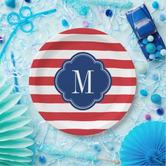 Monogramm rote weiße und blaue patrouillische Stre Pappteller (Party)