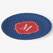Monogramm rote weiße und blaue Polka-Punkte Pappteller (Schrägansicht)