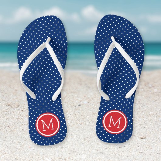 Monogramm rote weiße und blaue Tiny Dots Badesandalen