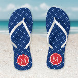 Monogramm rote weiße und blaue Tiny Dots Badesandalen<br><div class="desc">Maßgeschneiderte gedreht Flop Sandalen mit einem niedlichen gürtelförmigen Polka-Punktmuster und einem eigenen Monogramm oder einem anderen Text in einem Kreisrahmen. Klicken Sie auf Anpassen,  um Schriftart und Farben zu ändern oder eigene Bilder hinzuzufügen,  um ein einzigartiges Design zu erstellen!</div>