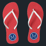 Monogramm rote weiße und blaue Tiny Dots Badesandalen<br><div class="desc">Maßgeschneiderte gedreht Flop Sandalen mit einem niedlichen gürtelförmigen Polka-Punktmuster und einem eigenen Monogramm oder einem anderen Text in einem Kreisrahmen. Klicken Sie auf Anpassen,  um Schriftart und Farben zu ändern oder eigene Bilder hinzuzufügen,  um ein einzigartiges Design zu erstellen!</div>