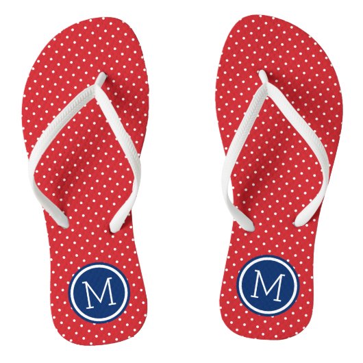 Monogramm rote weiße und blaue Tiny Dots Badesandalen (Fußbett)