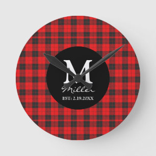 Monogramm roter Buffalo-Karo-Wanduhr Runde Wanduhr