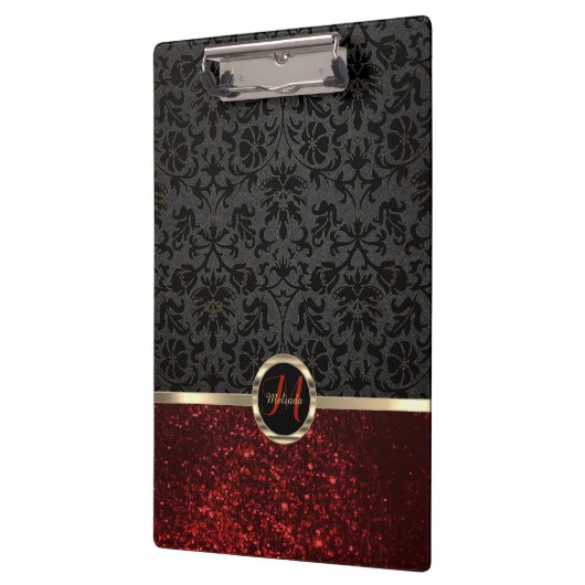 Monogramm Roter Glitzer und Blumendesign Klemmbrett (Links)