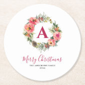 Monogramm Roter Grünflor Pinker Kranz Weihnachten Runder Pappuntersetzer (Vorderseite)