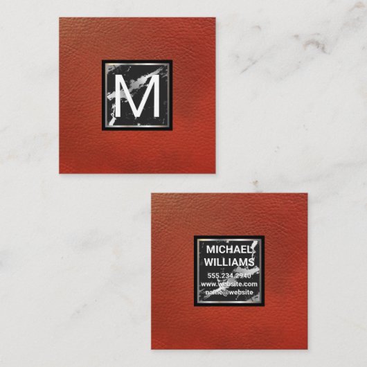 Monogramm | Roter Leder | Marmormetallschneide Quadratische Visitenkarte (Vorne/Hinten)
