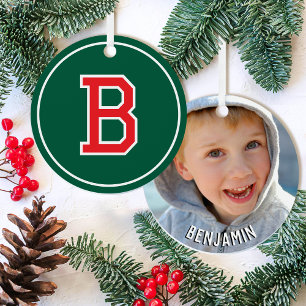 Monogramm Roter Retro mit benutzerdefiniertem Foto Ornament Aus Metall