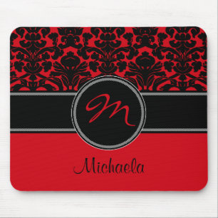 Monogramm-roter Schwarz-weißer Damast Mousepad