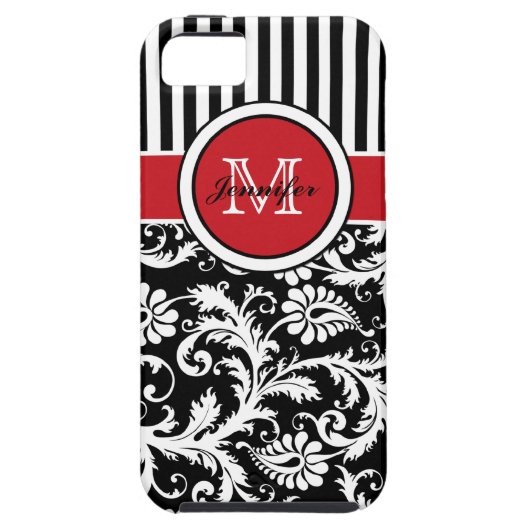 Monogramm-roter Schwarz-weißer gestreifter Damast Case-Mate iPhone Hülle (Rückseite)