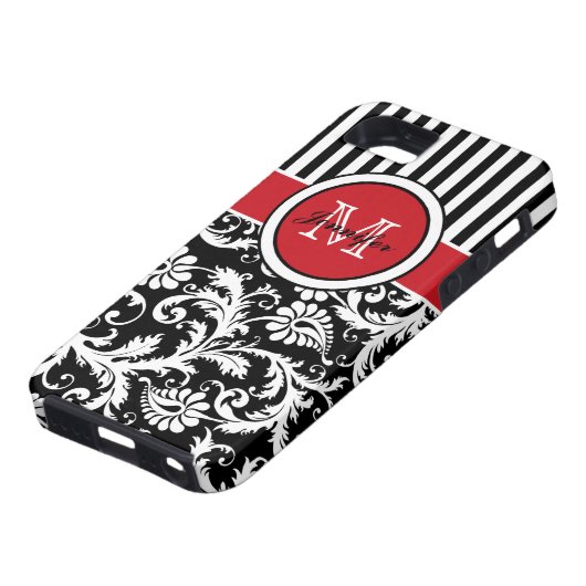 Monogramm-roter Schwarz-weißer gestreifter Damast Case-Mate iPhone Hülle (unten)