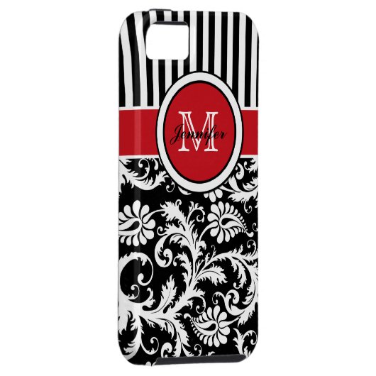 Monogramm-roter Schwarz-weißer gestreifter Damast Case-Mate iPhone Hülle (Rückseite/rechts)