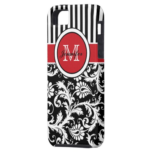 Monogramm-roter Schwarz-weißer gestreifter Damast Case-Mate iPhone Hülle (Rückseite Links)