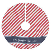 Monogramm roter und schwerer Preppy-Streifen Polyester Weihnachtsbaumdecke (Vorderseite)