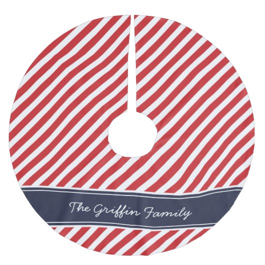 Monogramm roter und schwerer Preppy-Streifen Polyester Weihnachtsbaumdecke (Vorderseite)