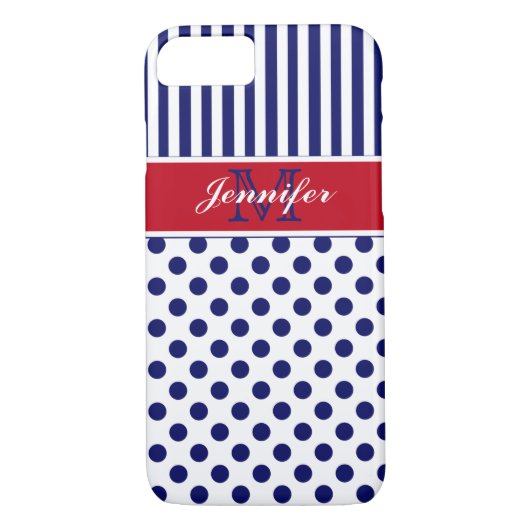 Monogramm-roter weißer blauer gestreifter Punkte Case-Mate iPhone Hülle (Rückseite)