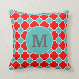 Monogramm rotes aquamarines Quatrefoil Muster Kissen