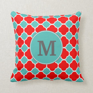 Monogramm rotes aquamarines Quatrefoil Muster Kissen