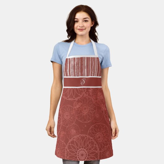 Monogramm rotes Boho Muster und weiße Streifen Schürze (Getragen)