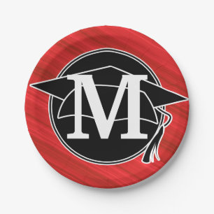 Monogramm rotes schwarzes weißes Abschluss-Cap Pappteller
