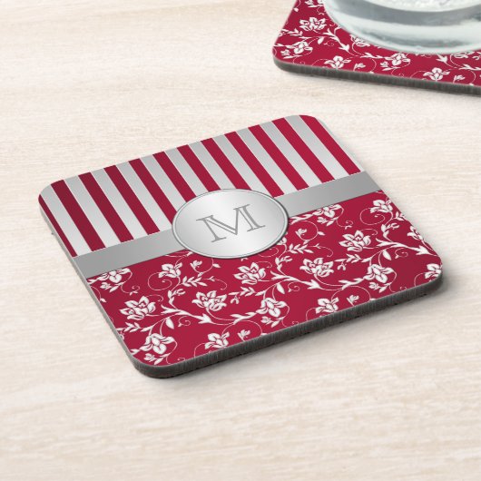 Monogramm Rotes Silber Streifen Set für floralen U Getränkeuntersetzer (Linke Seite)