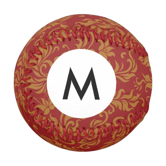 Monogramm rotes und goldenes Blumenmuster Baseball (Vorderseite Links)