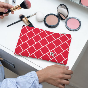 Monogramm, rotes und weißes stilvolles Gittermuste Zubehörtasche
