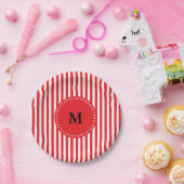 Monogramm-rotes und weißes Streifen-Muster Pappteller (Party)