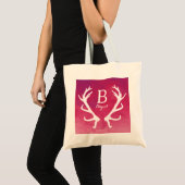 Monogramm-Rotwild-Geweih-helles rosa Aquarell Tragetasche (Vorderseite (Produkt))