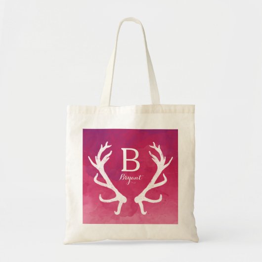 Monogramm-Rotwild-Geweih-helles rosa Aquarell Tragetasche (Vorne)