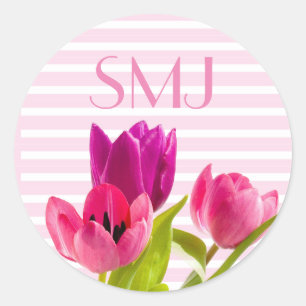 Monogramm-Rund-Blumenaufkleber mit rosa Tulpen Runder Aufkleber