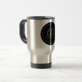 Monogramm rund schwarzer/weißer Punkt Reisebecher (Vorderseite Links)