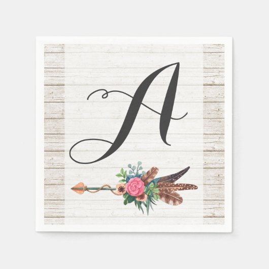 Monogramm Rustikal Boho Federn Pfeil Hochzeit Serviette (Vorderseite)