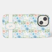 Monogramm Rustikal Rosa Blau Aquarell Blumen iPhone Hülle (Rückseite (Horizontal))