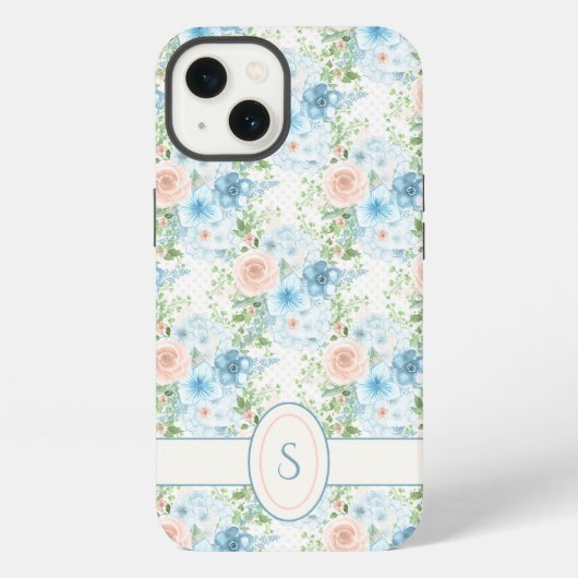Monogramm Rustikal Rosa Blau Aquarell Blumen iPhone Hülle (Rückseite)