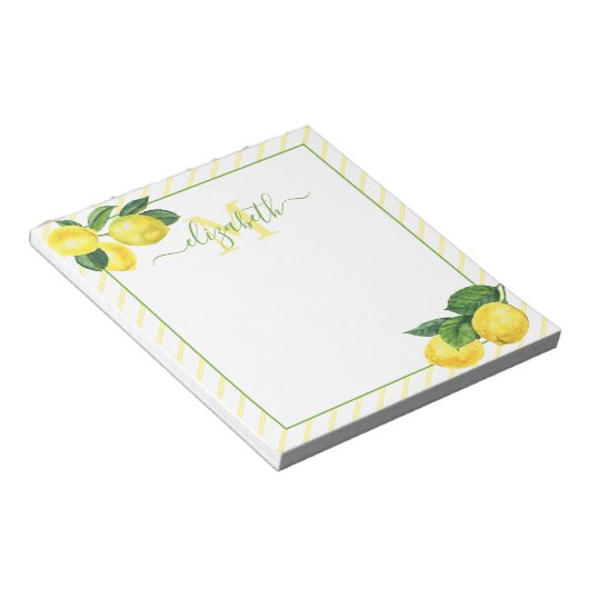 Monogramm rustikale Lemonen Aquarellstreifen Notizblock (angewinkelt)