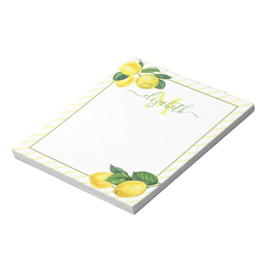 Monogramm rustikale Lemonen Aquarellstreifen Notizblock (Rotiert)