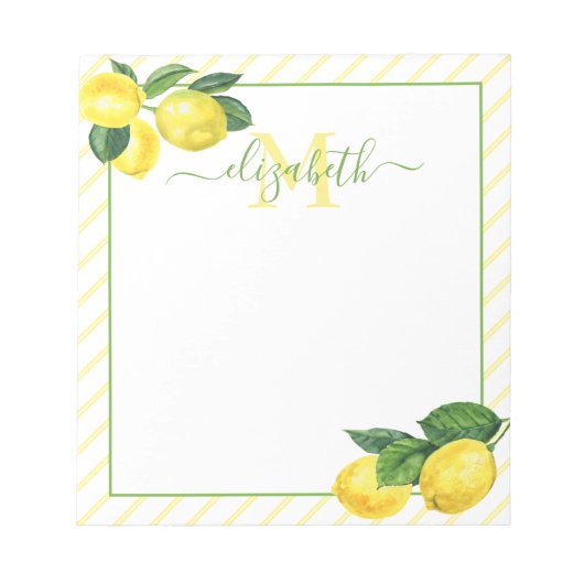 Monogramm rustikale Lemonen Aquarellstreifen Notizblock (Vorderseite)