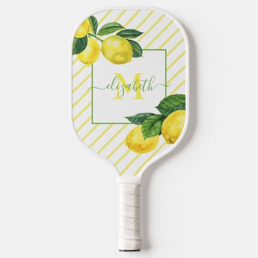 Monogramm rustikale Lemonen Aquarellstreifen Pickleball Schläger (Vorderseite)