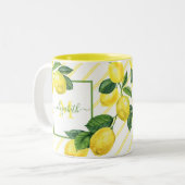 Monogramm rustikale Lemonen Aquarellstreifen Zweifarbige Tasse (Vorderseite Links)