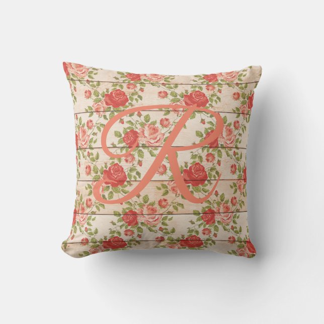 Monogramm rustikale Vintage Rose Kissen (Vorderseite)