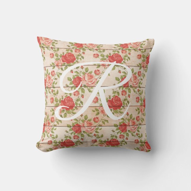 Monogramm rustikale Vintage Rose Kissen (Vorderseite)